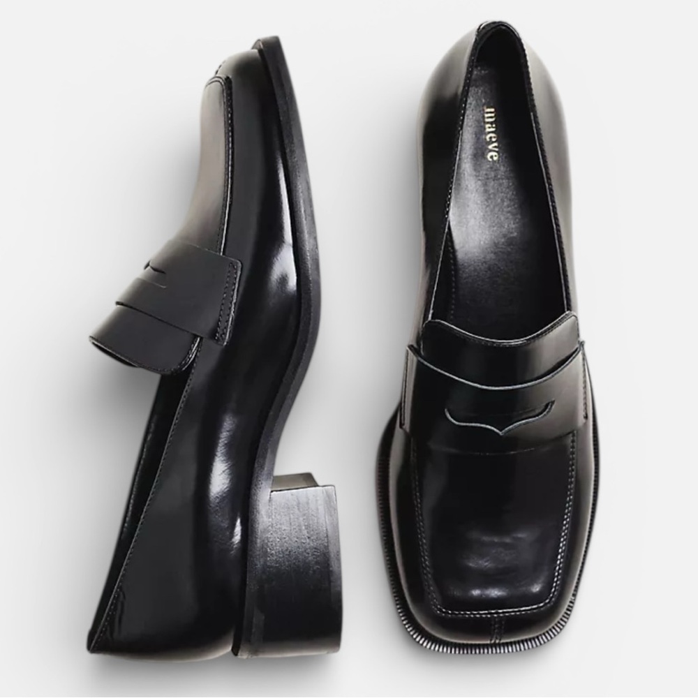Anthropologie Maeve Square-Toe Loafer Heels in Black | 39 NWOT